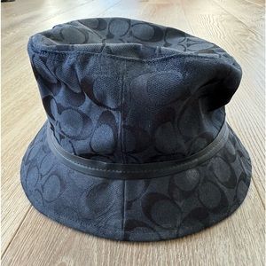 COACH Signature Logo C Black Bucket Hat Faric with Leather Trim P/S